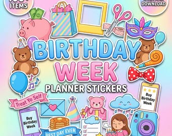 Birthday week Digital Planner Stickers | 100 Kawaii PNG | GoodNotes Sticker Book | Cute Happy Birthday Clipart | Pre-cropped iPad Planner