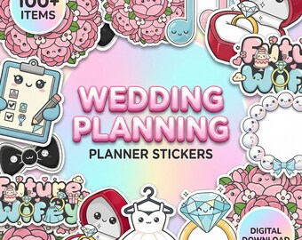 Wedding planning Digital Planner Stickers | 100 Kawaii Bridal PNGs | Pre-cropped GoodNotes Sticker Book | iPad Wedding Journal Icons Bundle