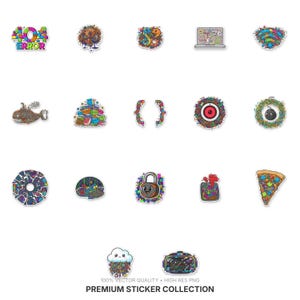 May include: A collection of colorful, whimsical stickers with various designs, including a laptop, a pizza slice, a submarine, and a padlock. The stickers have a cartoonish style and are set against a white background. The text "404 ERROR" is visible on one sticker.