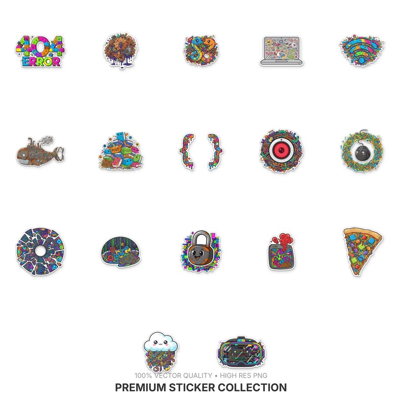 May include: A collection of colorful, whimsical stickers with various designs, including a laptop, a pizza slice, a submarine, and a padlock. The stickers have a cartoonish style and are set against a white background. The text "404 ERROR" is visible on one sticker.