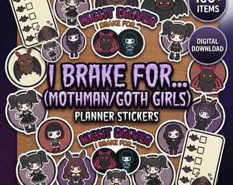 I Brake For... (Mothman/Goth Girls) Digital Planner Stickers | 100 PNG Bundle | Funny Cryptid Bumper | GoodNotes Goth Auto