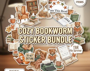 Cozy Bookworm Digital Planner Stickers | Warm Academia Reading Journal | 100 PNG Files | Book Lover Scrapbook | GoodNotes iPad | Print Ready