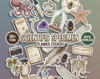 Scientific Specimen Digital Planner Stickers | 100 Vintage Botanical PNG | Biology GoodNotes | Dark Academia Scrapbook | Commercial Use