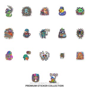 May include: A collection of colorful, whimsical stickers featuring various cartoon characters and objects. The stickers include a snake, a cat, a duck, a raccoon, a robot, and more. The text "PREMIUM STICKER COLLECTION" is at the bottom.