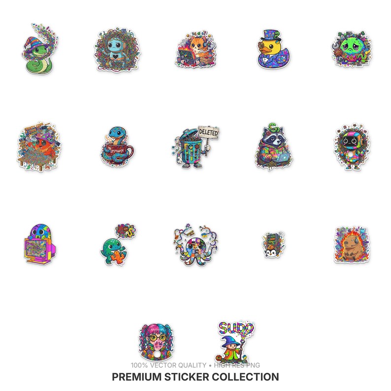 May include: A collection of colorful, whimsical stickers featuring various cartoon characters and objects. The stickers include a snake, a cat, a duck, a raccoon, a robot, and more. The text "PREMIUM STICKER COLLECTION" is at the bottom.