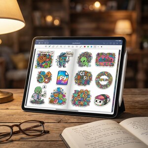 May include: A digital tablet displaying colorful stickers with various designs and text, including "DELETED", "CODING BEATS", "PY", "GIT PUSH FORCE", and "COMPILINGS". The tablet is propped up on a wooden surface, with a stylus and a notebook visible.