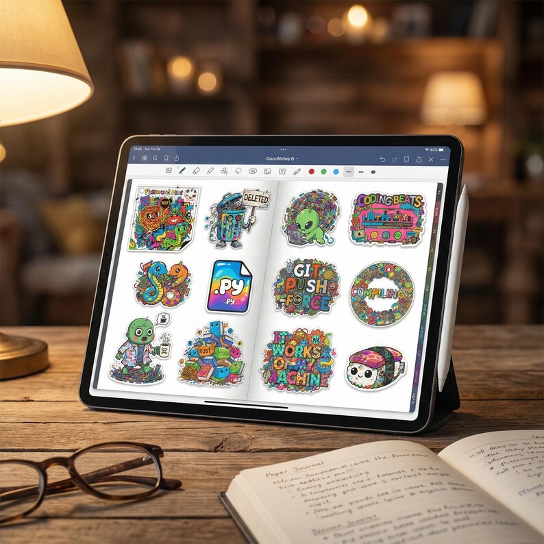 May include: A digital tablet displaying colorful stickers with various designs and text, including "DELETED", "CODING BEATS", "PY", "GIT PUSH FORCE", and "COMPILINGS". The tablet is propped up on a wooden surface, with a stylus and a notebook visible.