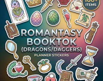 Romantasy BookTok (Dragons/Daggers) Digital Planner Stickers | 100 PNG Pre-cropped | Fantasy Reading Journal | GoodNotes | Commercial Use