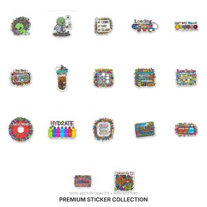 May include: A collection of colorful stickers with various designs and text. Designs include an alien, a zombie, the words "CODE EAT SLEEP", a loading bar, and the words "Current Mood". The stickers are labeled "PREMIUM STICKER COLLECTION".