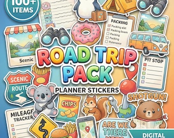 Road trip pack Digital Planner Stickers | Watercolor Travel Journal | 100 PNG Bundle | Vacation GoodNotes Sticker Book | Printable Map