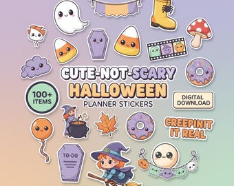 Cute-not-scary Halloween Digital Planner Stickers | 100 Kawaii Spooky Season PNGs | GoodNotes Pre-cropped | Vector Clipart Commercial Use