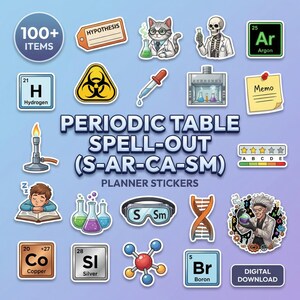 May include: A collection of colorful planner stickers with a science theme. The stickers include images of lab equipment, the periodic table, and the text "PERIODIC TABLE SPELL-OUT (S-AR-CA-SM)". The stickers are available as a digital download.