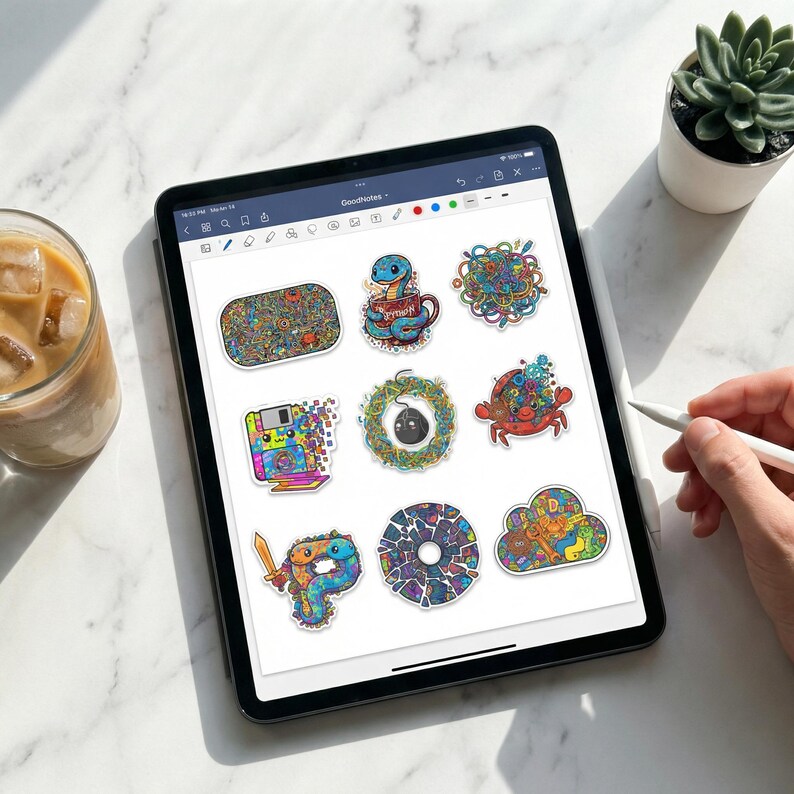 May include: A digital tablet displays a collection of colorful, whimsical stickers. The stickers feature various designs, including a snake in a teacup, a crab, and a cloud with text. A stylus is held near the screen, and a small plant and drink are in the background.