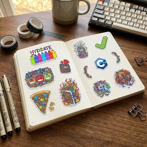 May include: Open notebook with colorful stickers, including a pizza slice, a "HYDRATE" sticker, and a C++ symbol. Black pens, washi tape, and a keyboard are on the wooden desk. A mug is in the background.