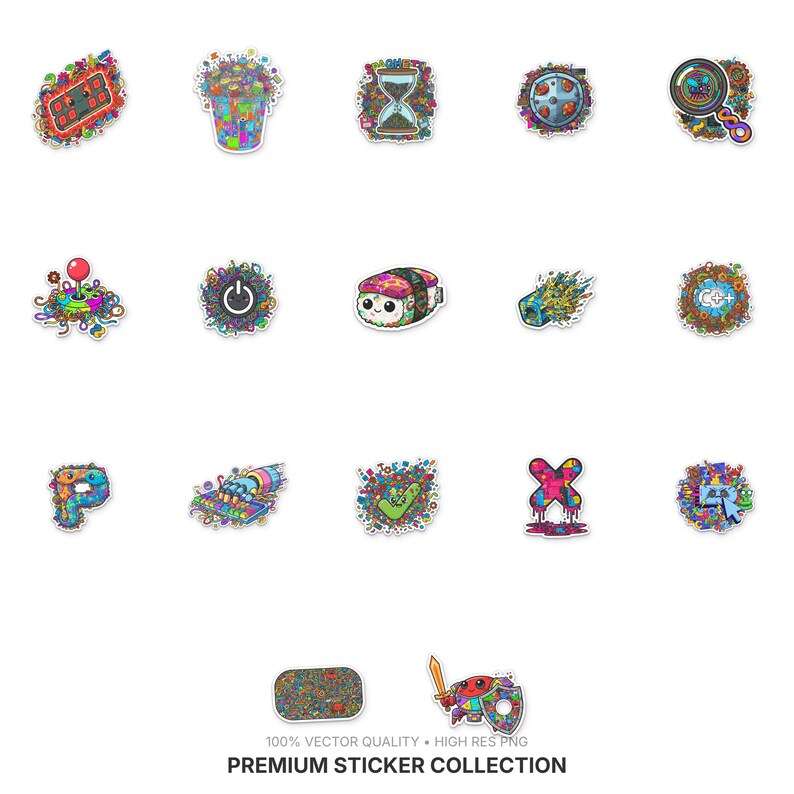 May include: A collection of colorful, high-resolution stickers with various designs, including a clock, hourglass, sushi, and checkmark. The stickers have a unique, artistic style with intricate details and vibrant colors. The text at the bottom reads "PREMIUM STICKER COLLECTION."