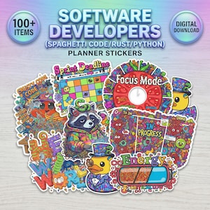 Może przedstawiać: Kolekcja kolorowych naklejek do planowania dla programistów. Naklejki przedstawiają różne wzory, w tym szopa pracza, kaczkę i ośmiornicę, z frazami takimi jak "Sprint Deadline" i "Focus Mode". Obraz zawiera tekst "Software Developers" i "Digital Download".