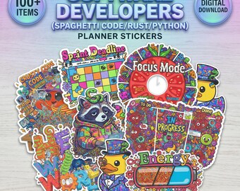 Software Developers (Spaghetti Code/Rust/Python) Digital Planner Stickers | 100 PNG | Chaos Maximalism Coding Art | GoodNotes & Print Ready
