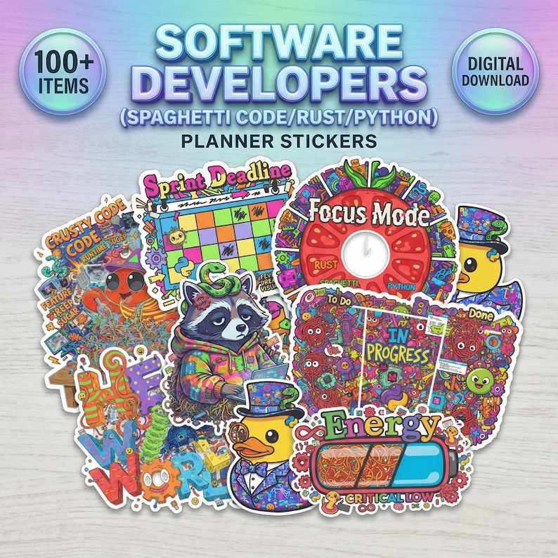 May include: A collection of colorful planner stickers for software developers. The stickers feature various designs, including a raccoon, duck, and octopus, with phrases like "Sprint Deadline" and "Focus Mode." The image includes the text "Software Developers" and "Digital Download."
