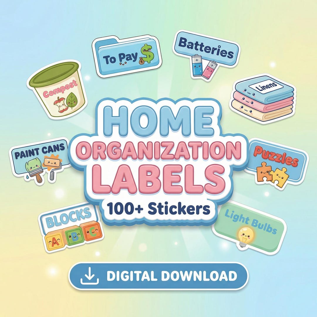 Home Organization Labels Digital Planner Stickers | 100 Kawaii Pngs | Pre-cropped Goodnotes ...