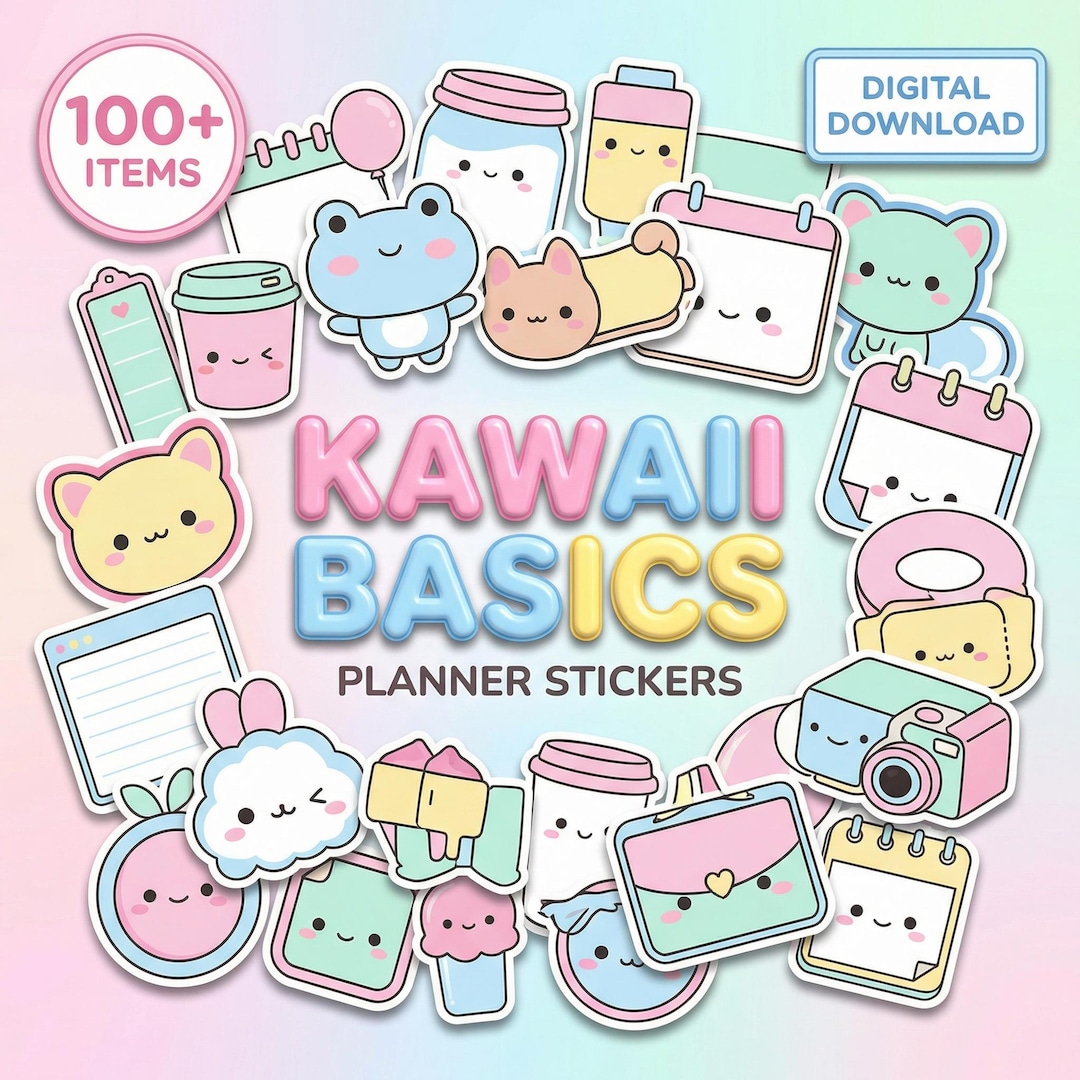 Kawaii Basics Digital Planner Stickers | 100 Cute PNG Pack | Pre ...
