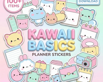 Kawaii basics Digital Planner Stickers | 100 Cute PNG Pack | Pre-cropped GoodNotes Stickers | Aesthetic iPad Planner | Digital Scrapbook