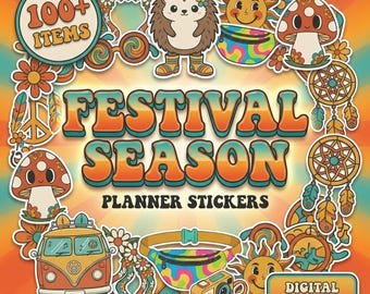 Festival season Digital Planner Stickers | Retro 70s Groovy GoodNotes Sticker Book | 100 Pre-cropped PNGs | Hippie Music Fest Journal