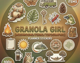 Granola Girl (Mushrooms/Ferns/Topographic) Digital Planner Stickers | Vintage Scientific Nature Aesthetic |100 PNG Bundle for GoodNotes iPad
