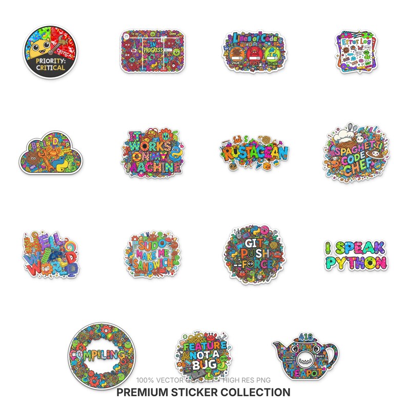 May include: A collection of colorful, whimsical stickers with various tech-related phrases and graphics. Designs include "Priority: Critical," "Lines of Code," "Error Log," and "I Speak Python." The stickers are part of a premium collection.