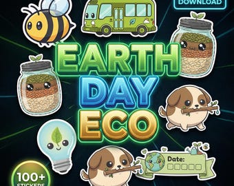 Earth day eco Digital Planner Stickers | 100 Cute Kawaii Environmental PNGs | Recycle & Green Living for GoodNotes | Commercial Use Art