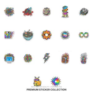 May include: A collection of colorful, whimsical stickers featuring various designs. The stickers include a crab, a gear, a lightning bolt, a computer screen, and a duck wearing sunglasses. The text "PREMIUM STICKER COLLECTION" is at the bottom.