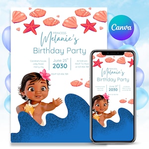 Baby Moana Geburtstagseinladung, bearbeitbare digitale Hawaiian Moana Geburtstag einladen, Kinder Thema Party Einladung, digitale Baby Moana Vorlage