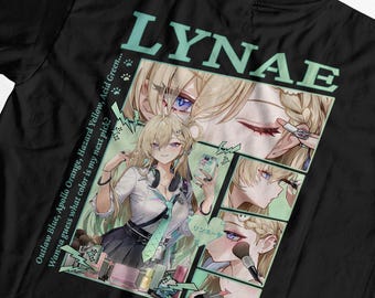 May include: A black t-shirt featuring a large graphic print of an anime-style character applying makeup. The design includes the text LYNAE, Outlaw Blue, Apollo Orange, Hazard Yellow, Acid Green, and Wanna guess what color is my next pick? with makeup tools.