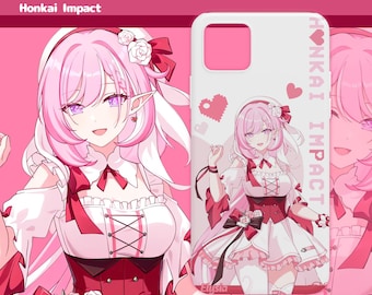 May include: A white smartphone case featuring an illustration of the character Elysia from Honkai Impact, depicted with pink hair, pointed ears, and a white and red dress. The text HONKAI IMPACT and heart icons are printed on the case surface.