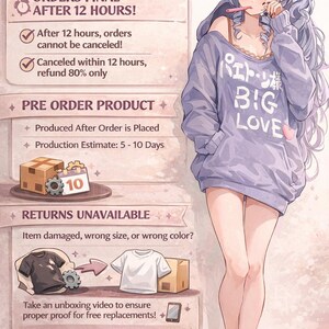 K&ouml;nnte beinhalten: Eine Anime-Illustration einer Figur mit langem lavendelfarbenem Haar, die einen violetten Oversize-Kapuzenpullover mit dem Text BIG LOVE tr&auml;gt, neben einer Infotafel mit Shop-Richtlinien zu Stornierungen und R&uuml;cksendungen.