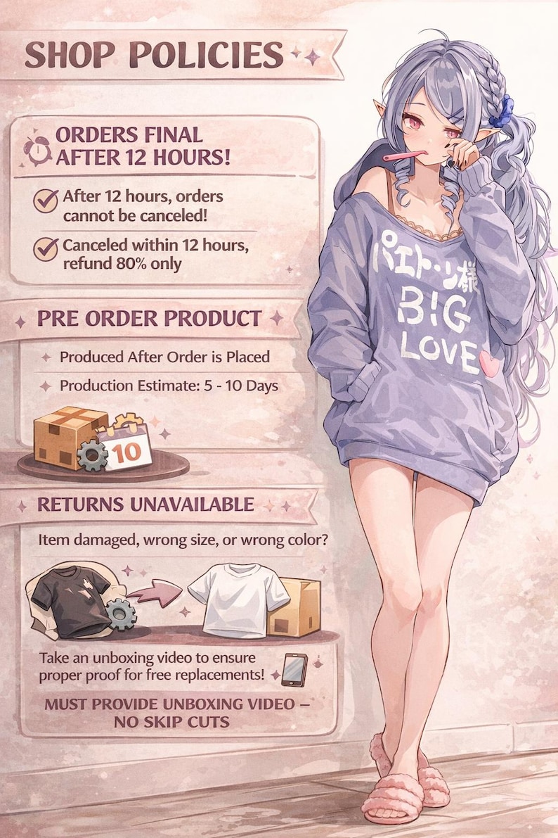 K&ouml;nnte beinhalten: Eine Anime-Illustration einer Figur mit langem lavendelfarbenem Haar, die einen violetten Oversize-Kapuzenpullover mit dem Text BIG LOVE tr&auml;gt, neben einer Infotafel mit Shop-Richtlinien zu Stornierungen und R&uuml;cksendungen.