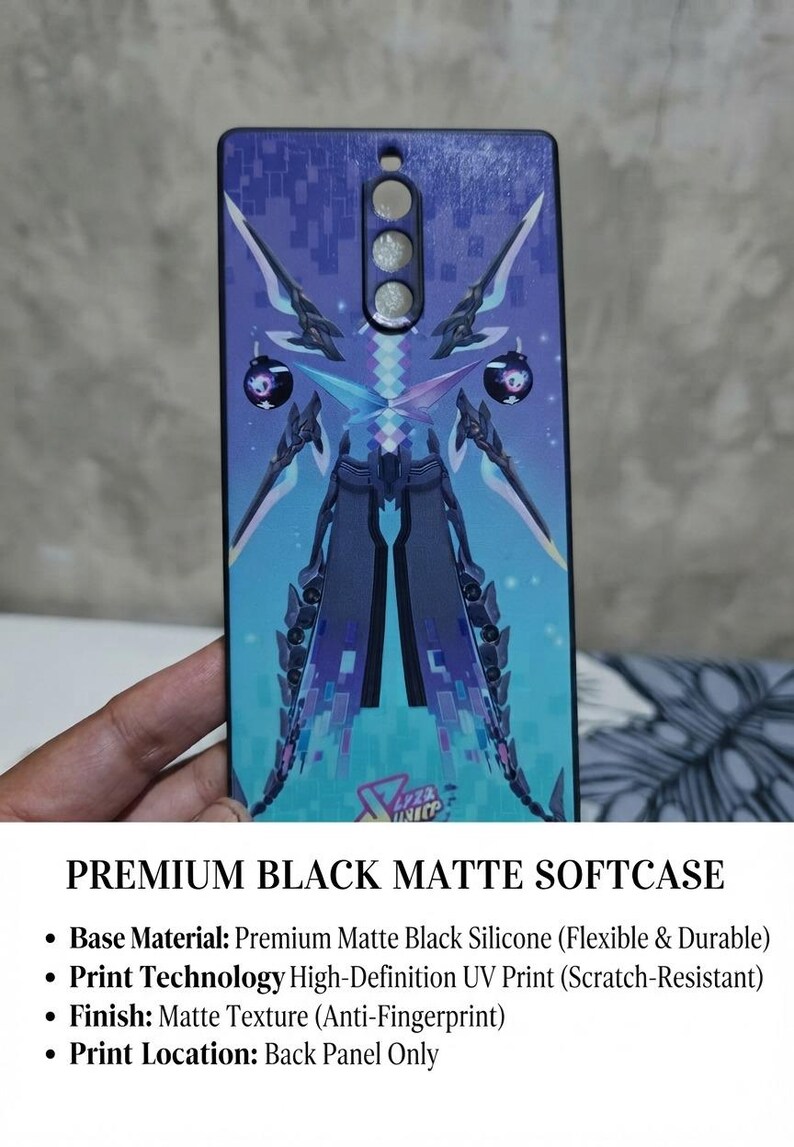 May include: A rectangular black matte phone case featuring a vibrant blue and purple graphic design of a stylized mechanical figure with sharp, wing-like elements and small circular icons. The case includes cutouts for a camera lens array.