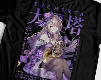 May include: A black t-shirt featuring a graphic illustration of a light-haired character in a purple outfit holding a gold French horn. The design includes the text THE HERTA, ICE, ERUDITION, GENIUS SOCIETY #83, and a five-star rating at the bottom.