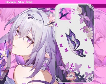 Puede incluir: Funda de teléfono blanca con un diseño de mariposa morada y floral. La funda tiene un fondo de un personaje de anime morado. El texto "CASTORICE" y "Honkai Star Rail" están en la parte superior.