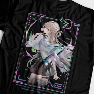 May include: A black t-shirt featuring a graphic illustration of an anime-style character with blonde hair blowing a bubble. The design includes a rectangular frame, the text "Attribute | Weapon", "LYMAE", and "Outlaw Blue, Apollo Orange, Hazard Yellow, Acid Green".