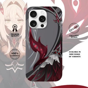May include: A smartphone case featuring a dark gray and deep red graphic design with stylized wing-like patterns. The case displays a camera cutout at the top. The background includes an anime-style character illustration and text reading RONOVA.