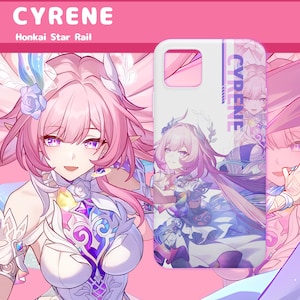 May include: A white smartphone case featuring a printed illustration of a character with long pink hair, purple eyes, and a white outfit. The design includes the text CYRENE vertically along the right side, with a camera cutout in the top left corner.