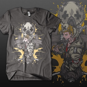 May include: A charcoal gray t-shirt featuring a graphic illustration of a spiky-haired character in a hooded jacket, positioned in front of a circular emblem with cross symbols and yellow paint splatter accents across the design.