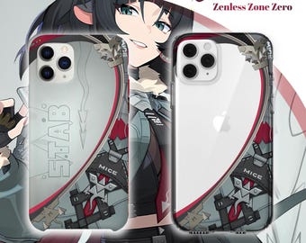 Pode incluir: Duas capas transparentes para smartphone com um design gráfico inspirado em Jane Doe de Zenless Zone Zero. O design inclui o texto S.T.A.B e MICE, com detalhes em vermelho, cinza e preto, sobre uma ilustração da personagem.