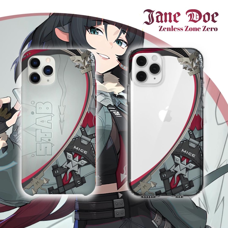 Pode incluir: Duas capas transparentes para smartphone com um design gr&aacute;fico inspirado em Jane Doe de Zenless Zone Zero. O design inclui o texto S.T.A.B e MICE, com detalhes em vermelho, cinza e preto, sobre uma ilustra&ccedil;&atilde;o da personagem.