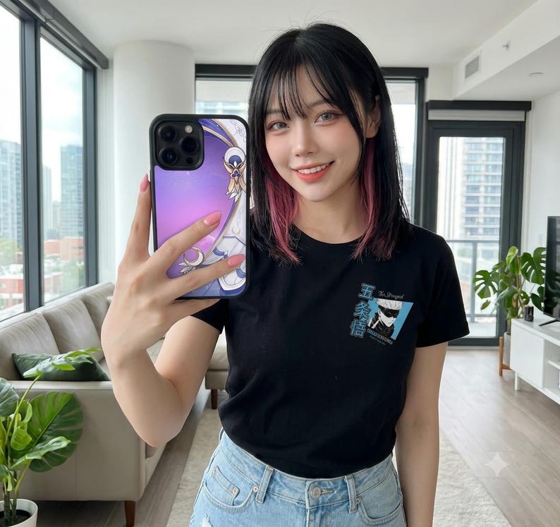 May include: A black short-sleeved t-shirt featuring a small graphic print on the left chest area. The graphic includes a blue square with an illustration of a character with white hair and a blindfold, accompanied by Japanese text and the word The Strongest.