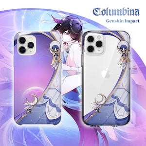 May include: Two phone cases featuring an anime-style character named Columbina from Genshin Impact. One case is opaque with a purple gradient and moon design, while the other is clear, both displaying matching blue and gold decorative accents.