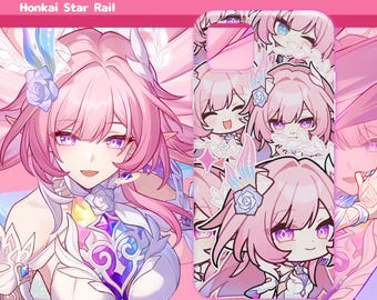 Pode incluir: Uma capa de telemóvel retangular com um padrão repetitivo de personagens de anime estilo chibi com cabelo cor-de-rosa, rosas azuis e olhos roxos. O design inclui pequenos ícones de estrelas e motivos de folhas brancas num fundo rosa.