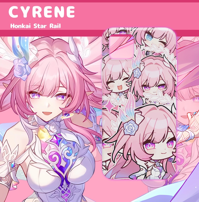 May include: A rectangular phone case featuring a repeating pattern of chibi-style anime characters with pink hair, blue roses, and purple eyes. The design includes small star icons and white leaf motifs on a pink background with a camera cutout.