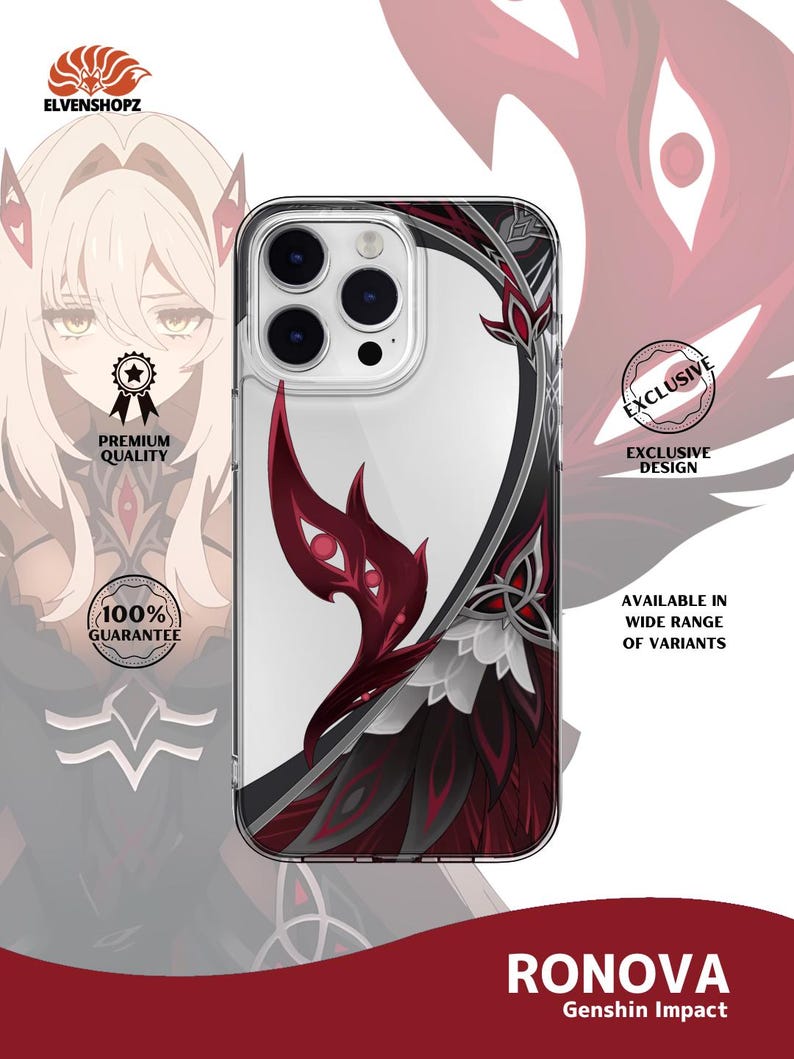 May include: A clear smartphone case featuring a graphic design of dark red, black, and white stylized feathers and geometric patterns. The case has a cutout for a triple-lens camera system. The text RONOVA Genshin Impact is printed at the bottom.