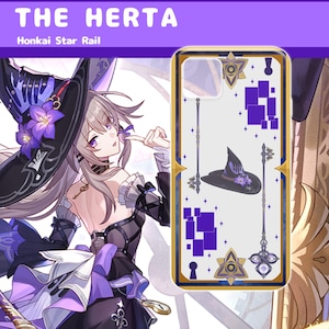 May include: A rectangular phone case featuring a white background with a central illustration of a black witch hat adorned with purple flowers. The design includes two vertical metallic staffs, purple geometric squares, and gold star accents.